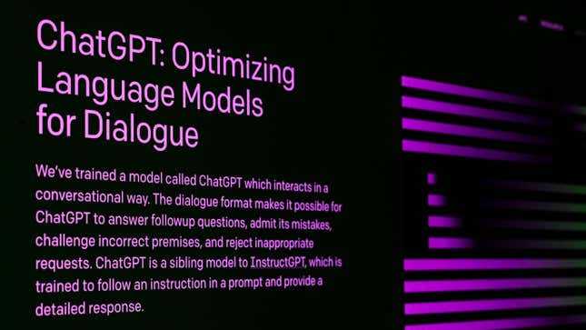 : In this photo illustration, the welcome screen for the OpenAI "ChatGPT" app is displayed on a laptop screen on February 03, 2023 in London, England. OpenAI, whose online chatbot ChatGPT made waves when it was debuted in December, announced this week that a commercial version of the service, called ChatGPT Plus, would soon be available to users in the United States.